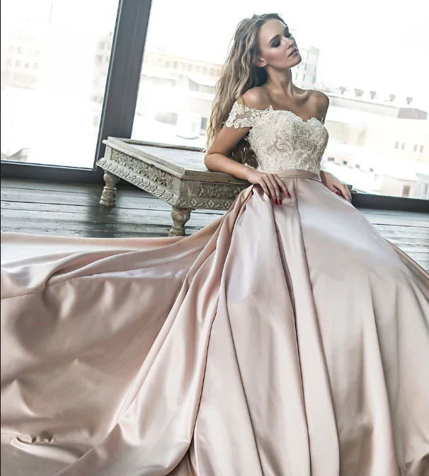 Aimishang Prom Dresses Chic Satin Off the Shoulder Lace Wedding Dress