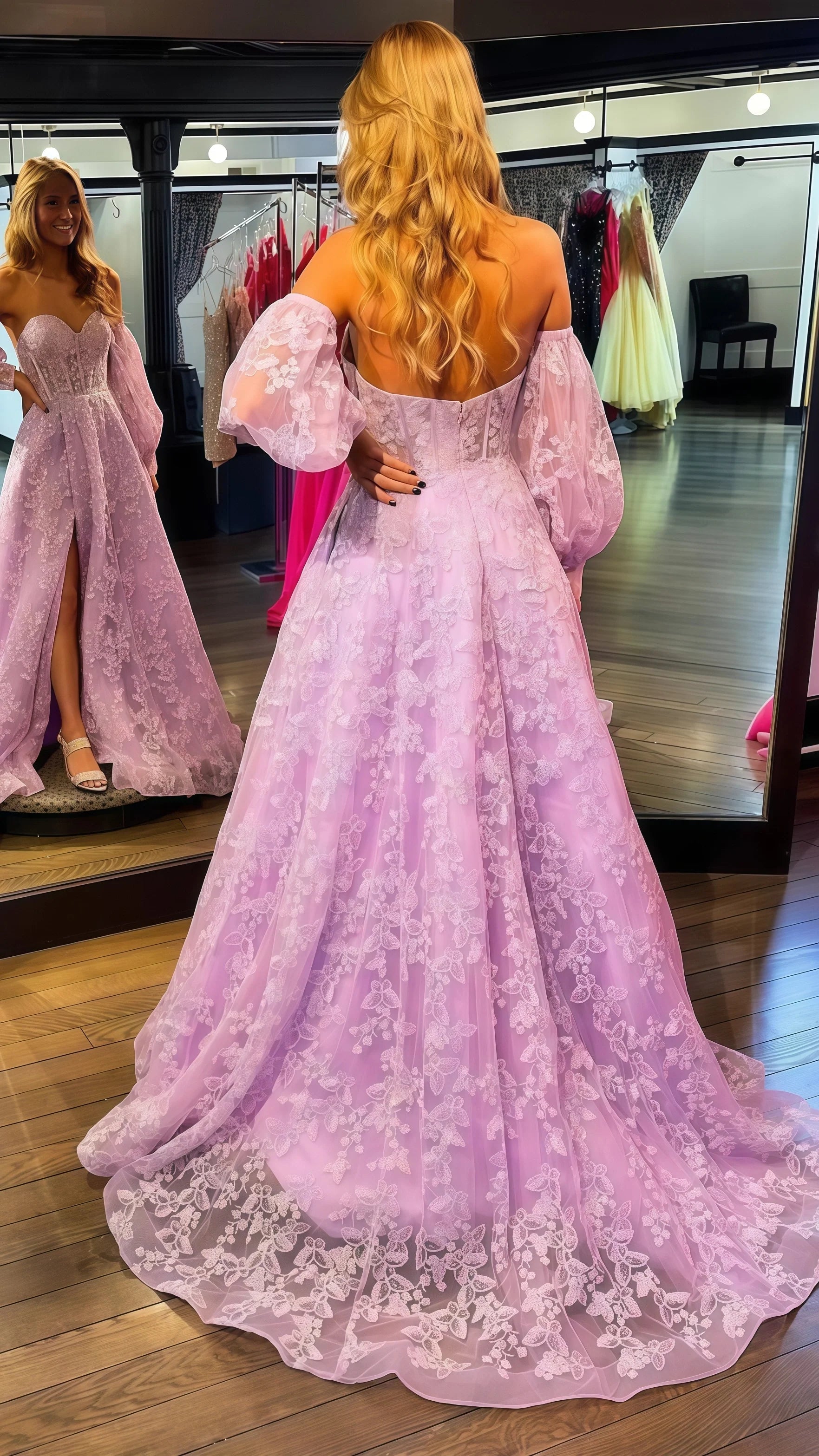 Chic Lilac A-Line Split Prom Dress, Bubble Sleeves Lace Prom Gala Dress,AST1636