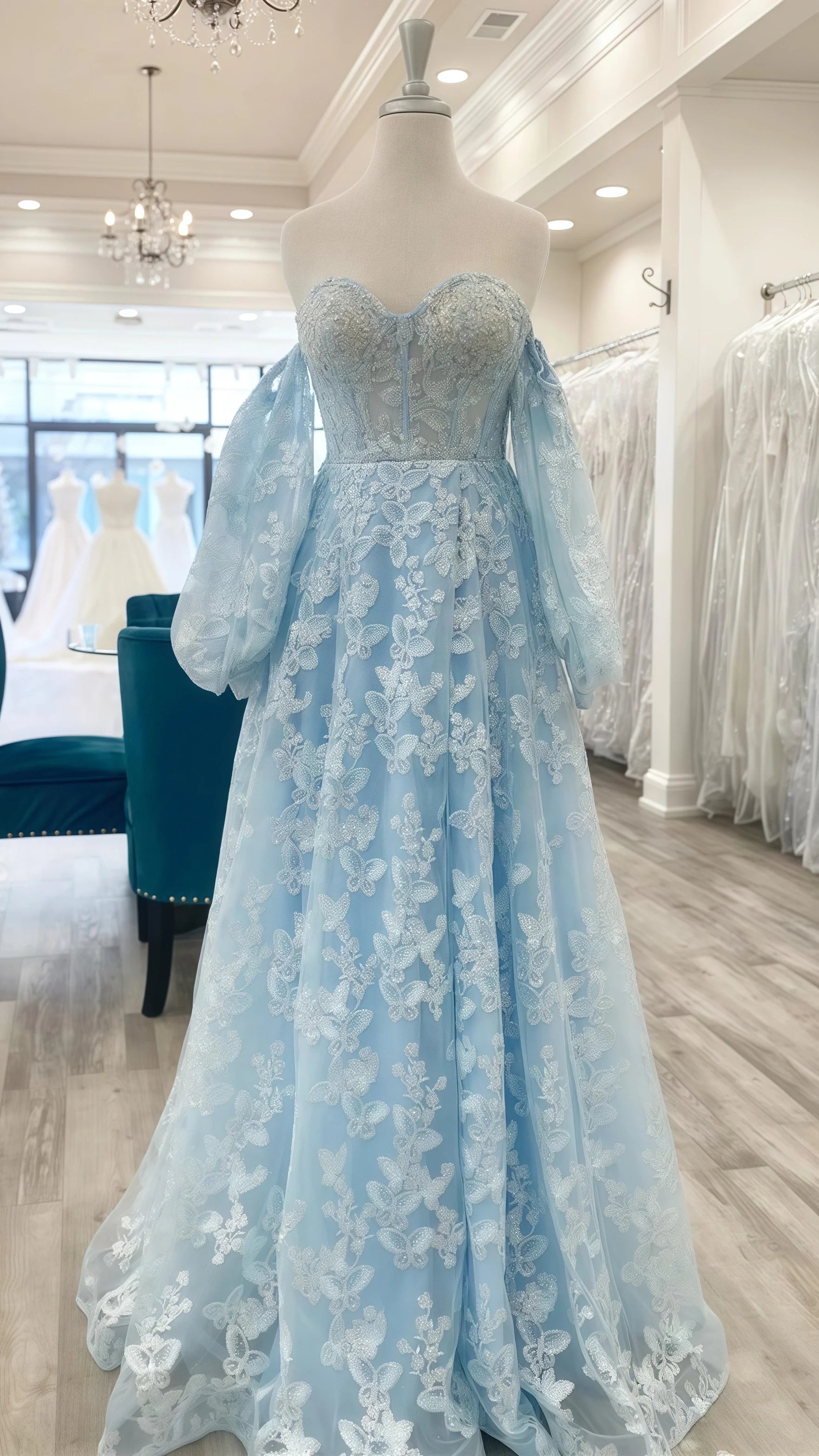 Chic Lilac A-Line Split Prom Dress, Bubble Sleeves Lace Prom Gala Dress,AST1636