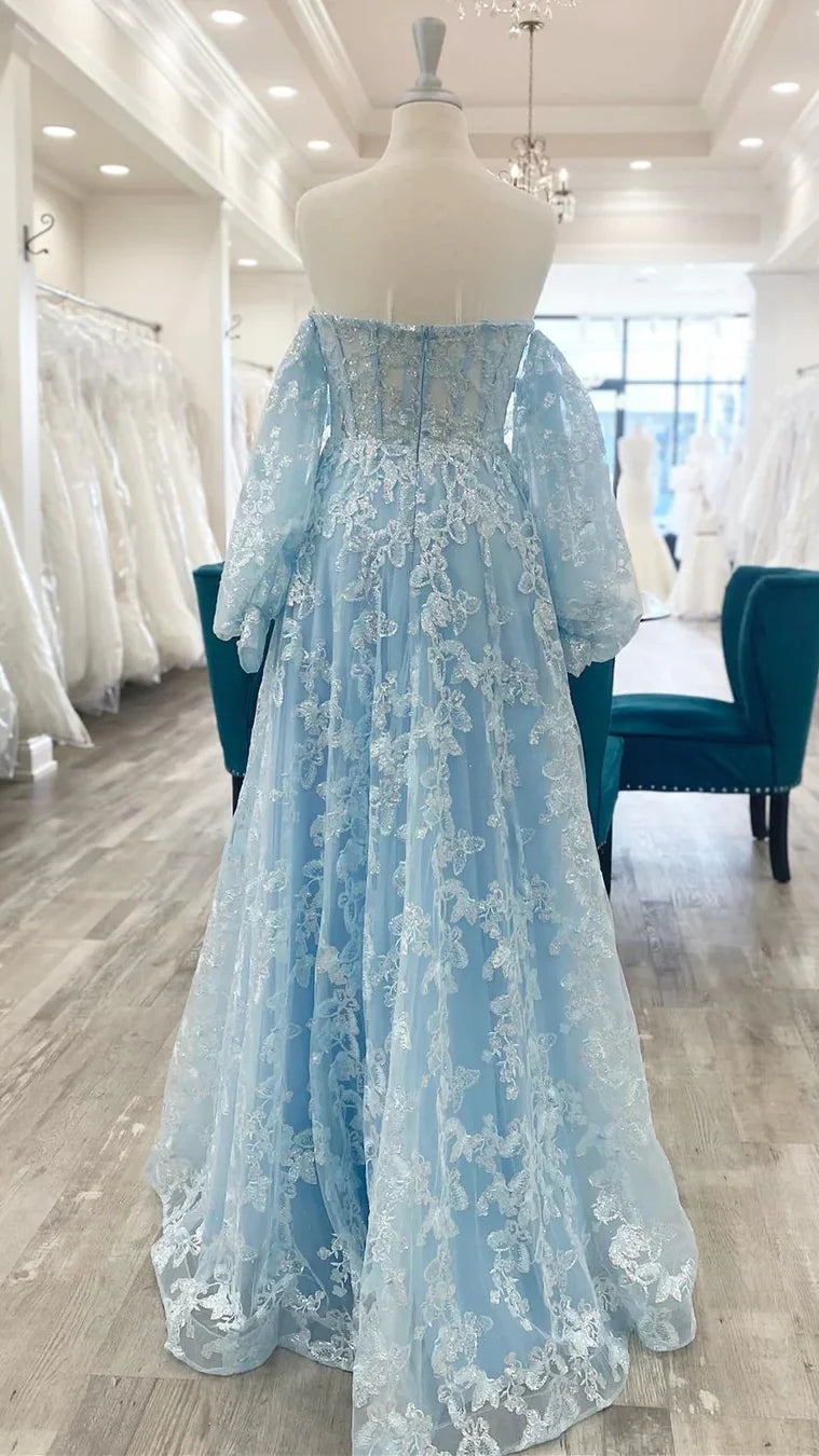 Chic Lilac A-Line Split Prom Dress, Bubble Sleeves Lace Prom Gala Dress,AST1636