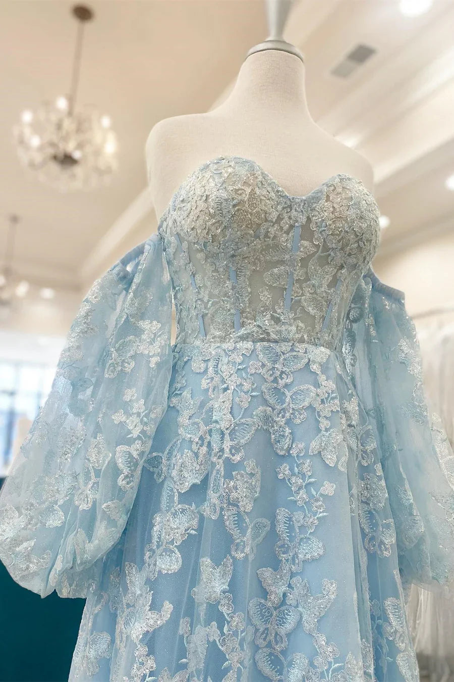 Chic Lilac A-Line Split Prom Dress, Bubble Sleeves Lace Prom Gala Dress,AST1636