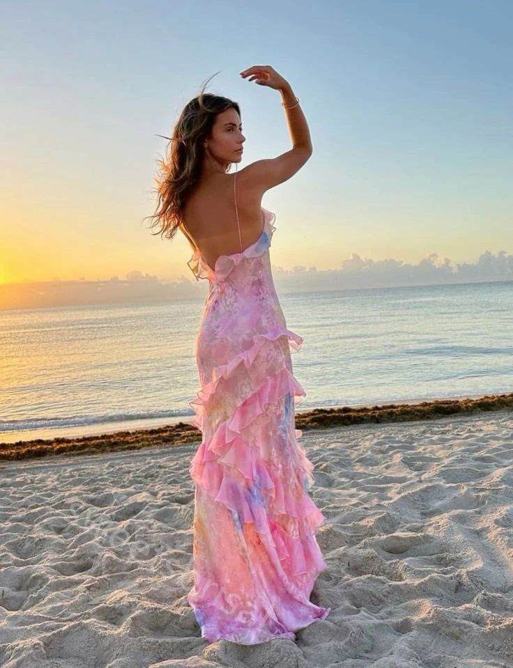 Spaghetti Straps Mermaid Pink Evening Dress Long Prom Dresses,AST921