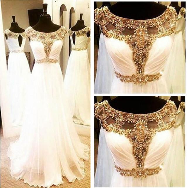 white chiffon golden beaded evening dress long prom dress 2017