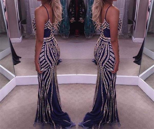 unique Golden Stripe Beading V Neck Long Mermaid Prom Evening Dresses
