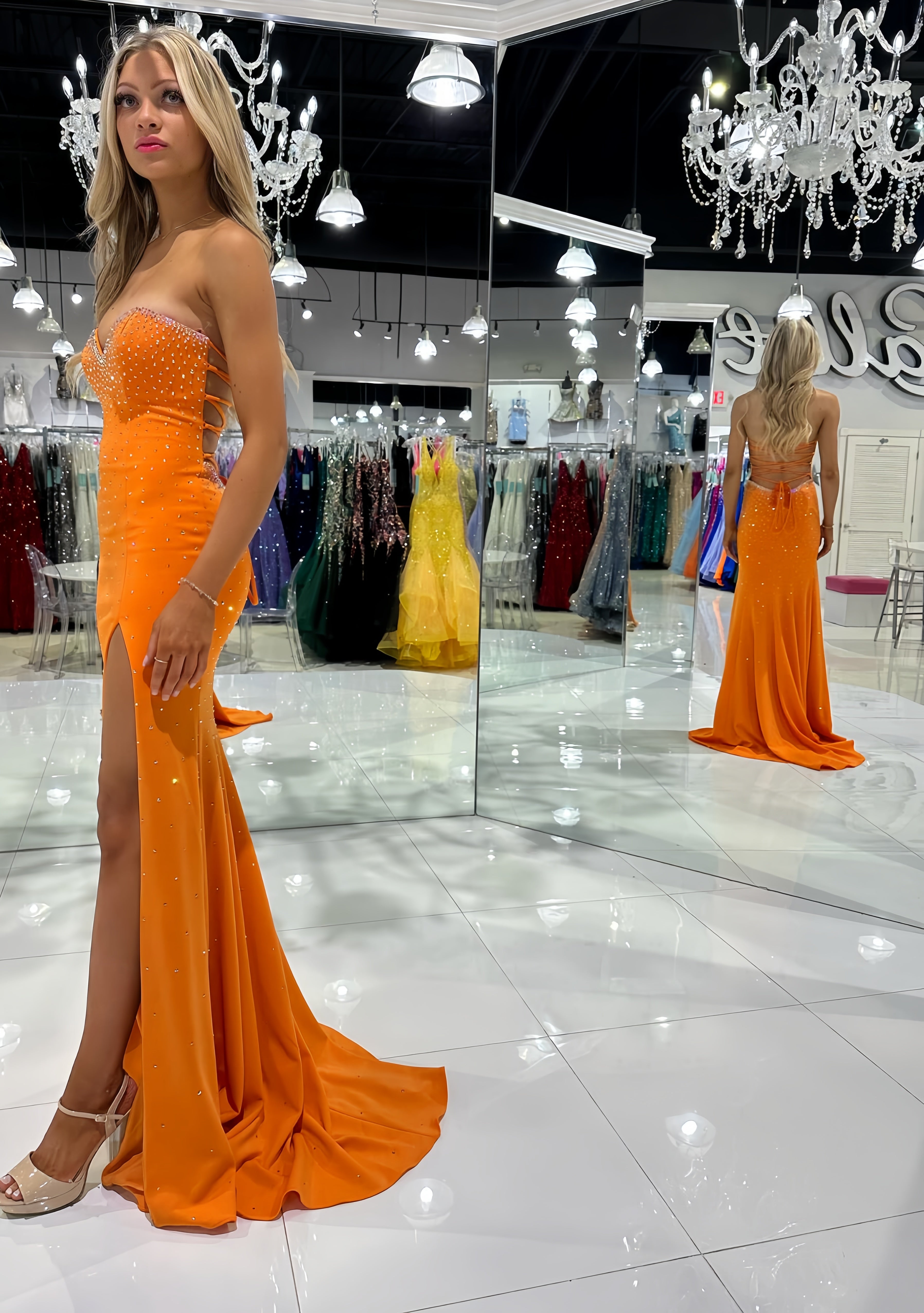 Orange Beaded Mermaid Long Prom Dress, AST1544