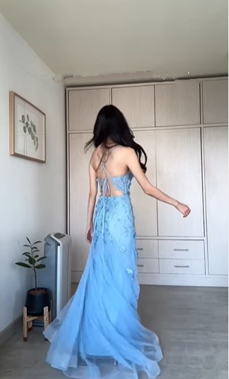 Classy Blue Tulle Appliques Mermaid Evening Dress Long Open Back