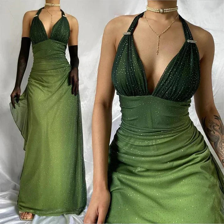 Shiny Green Gradient Long Chiffon Ball Gown Prom Dress Celebrity Dresses