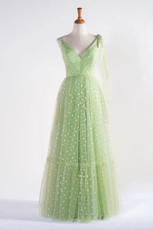 Aimishang Elegant Evening Dress V-neck Dotted Floor Length Tulle Prom Dress