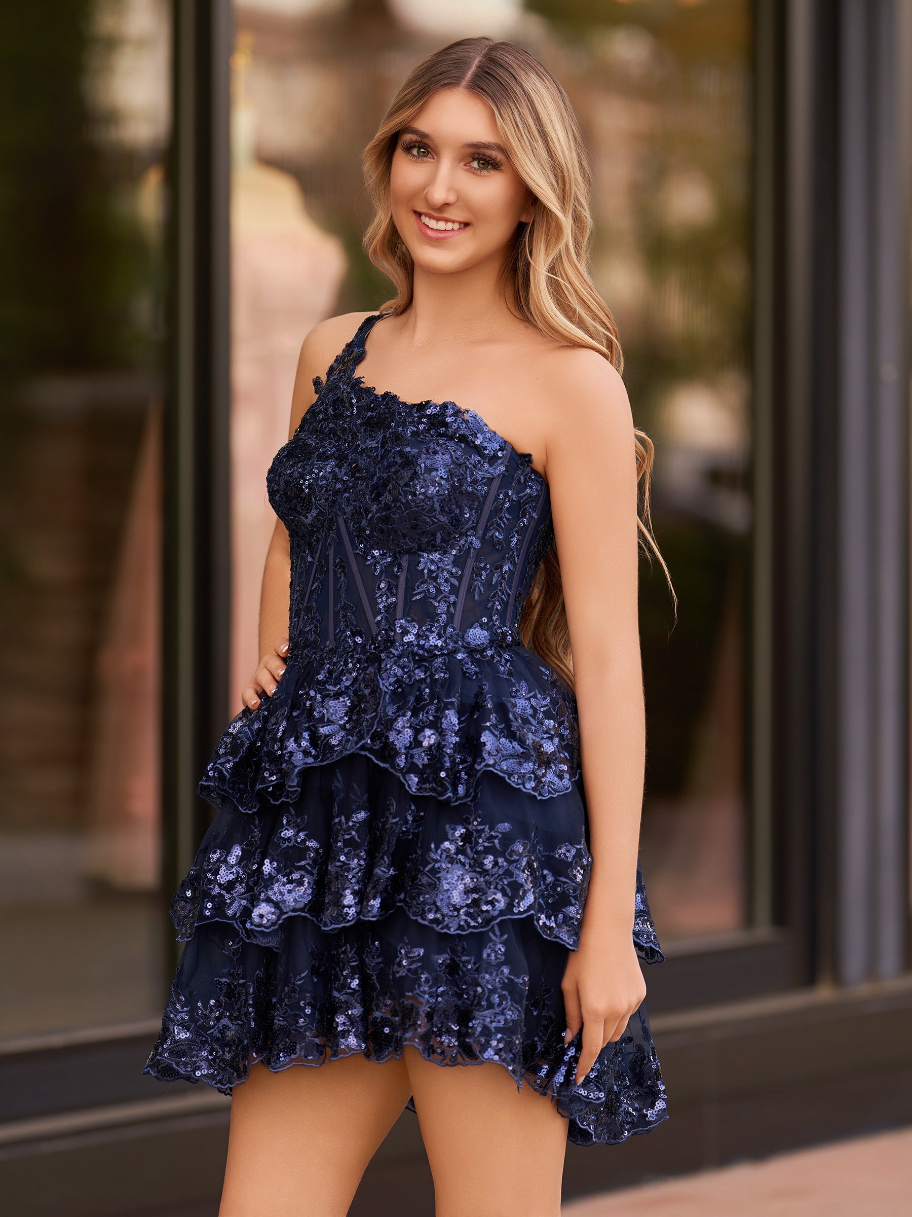 A Line One Shoulder Navy Tiered Lace Short Homecoming Dress