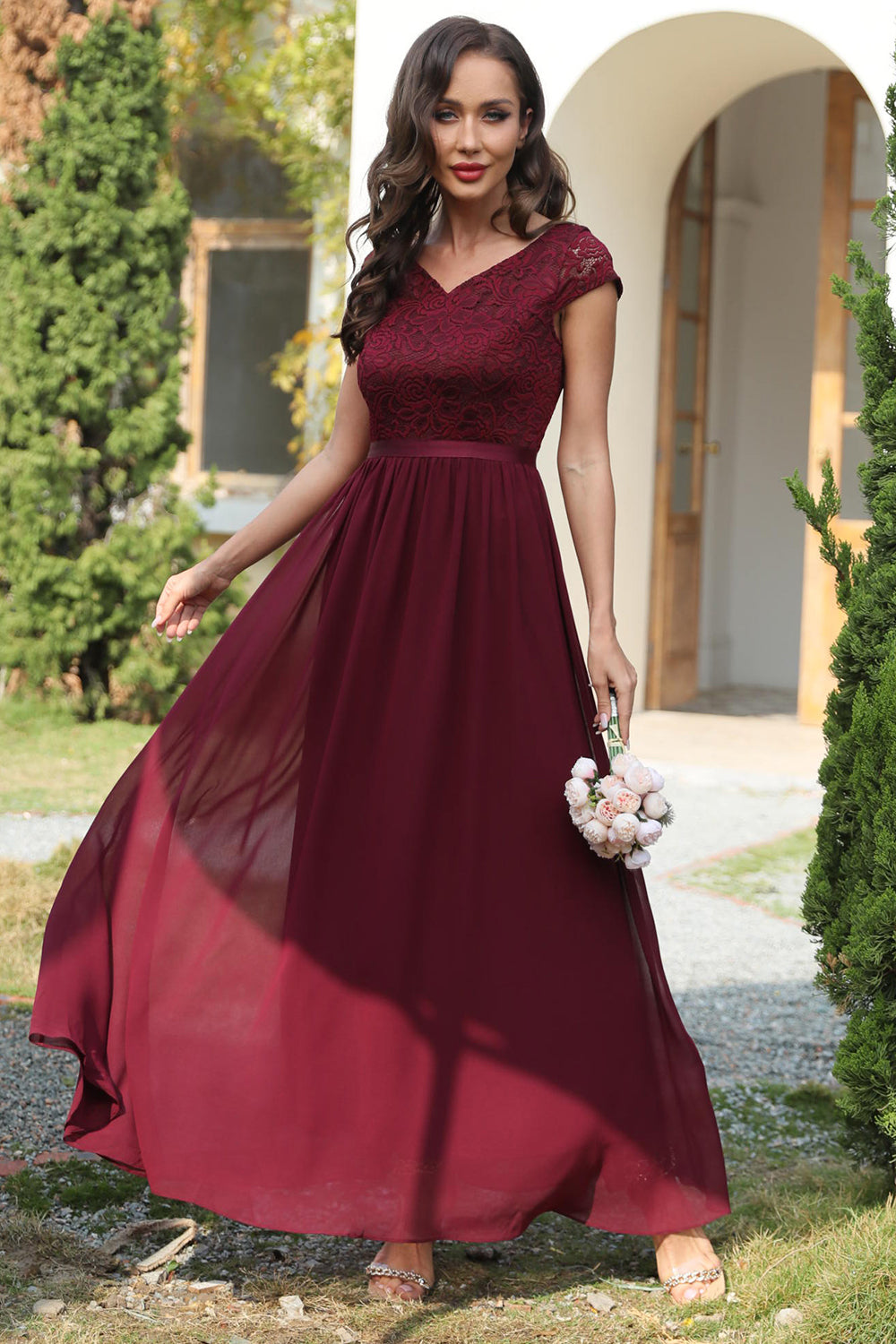 A Line V Neck Burgundy Long Bridesmaid Dress