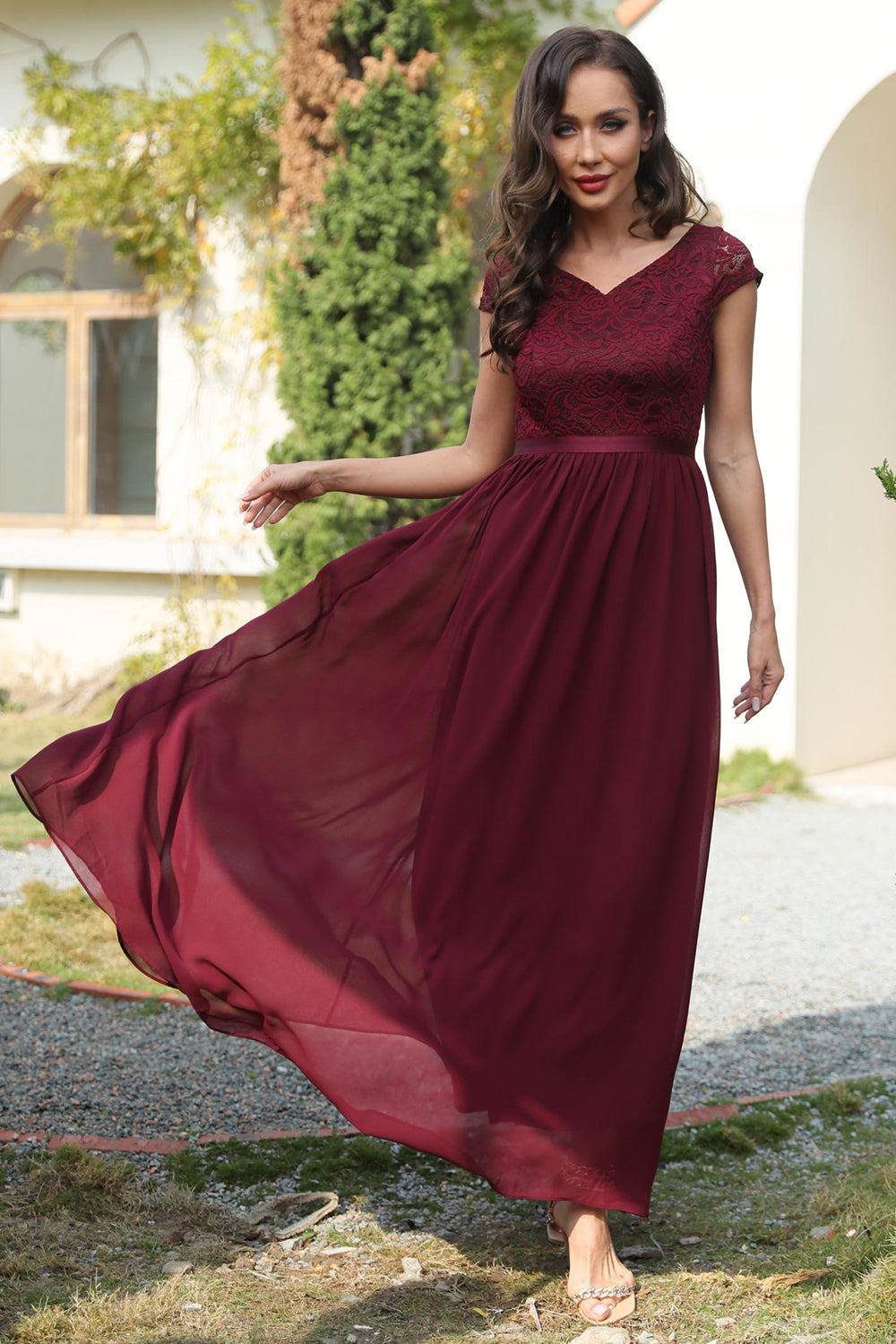 A Line V Neck Burgundy Long Bridesmaid Dress