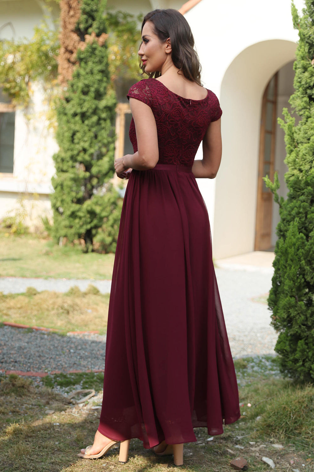A Line V Neck Burgundy Long Bridesmaid Dress