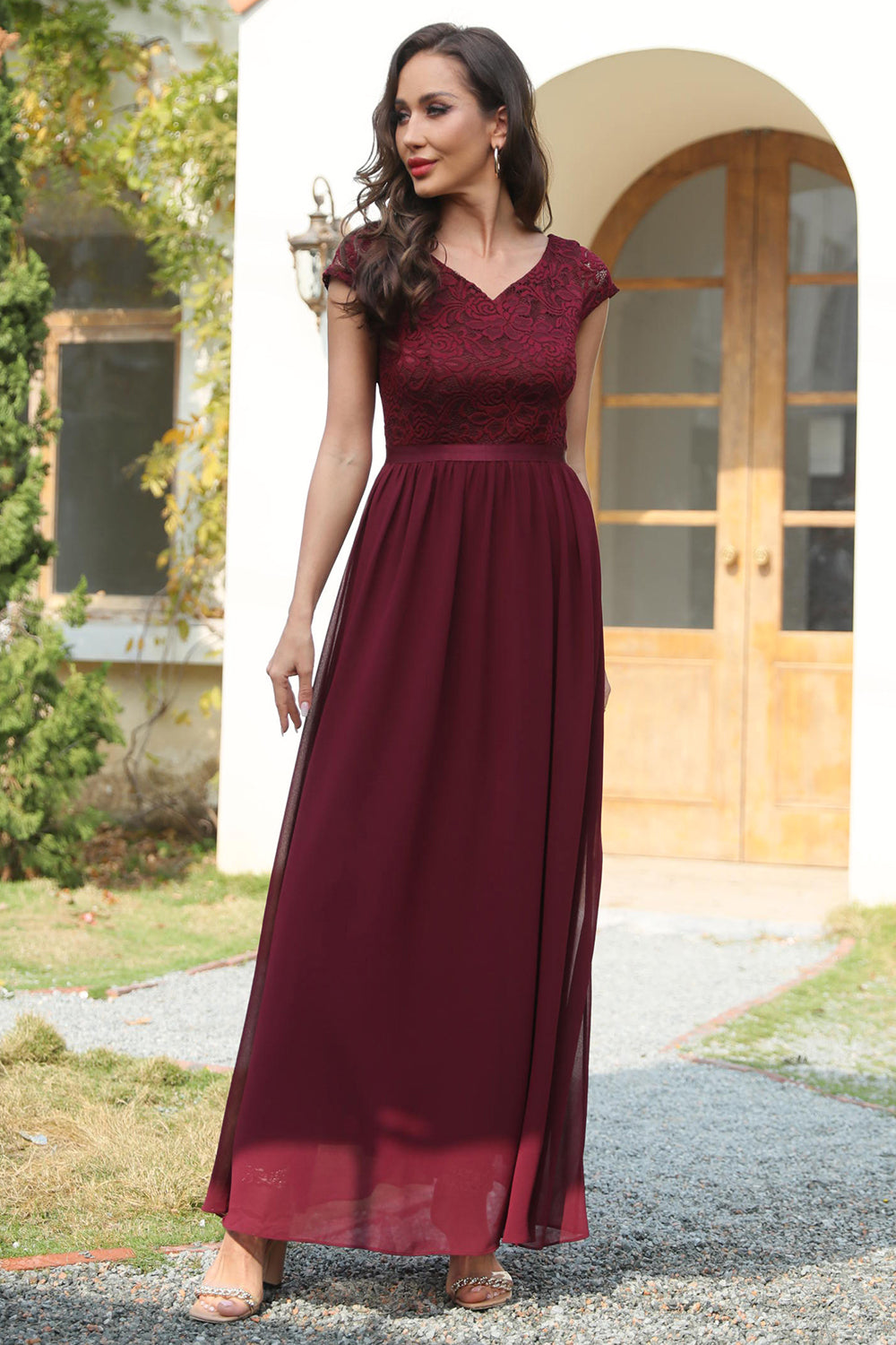 A Line V Neck Burgundy Long Bridesmaid Dress