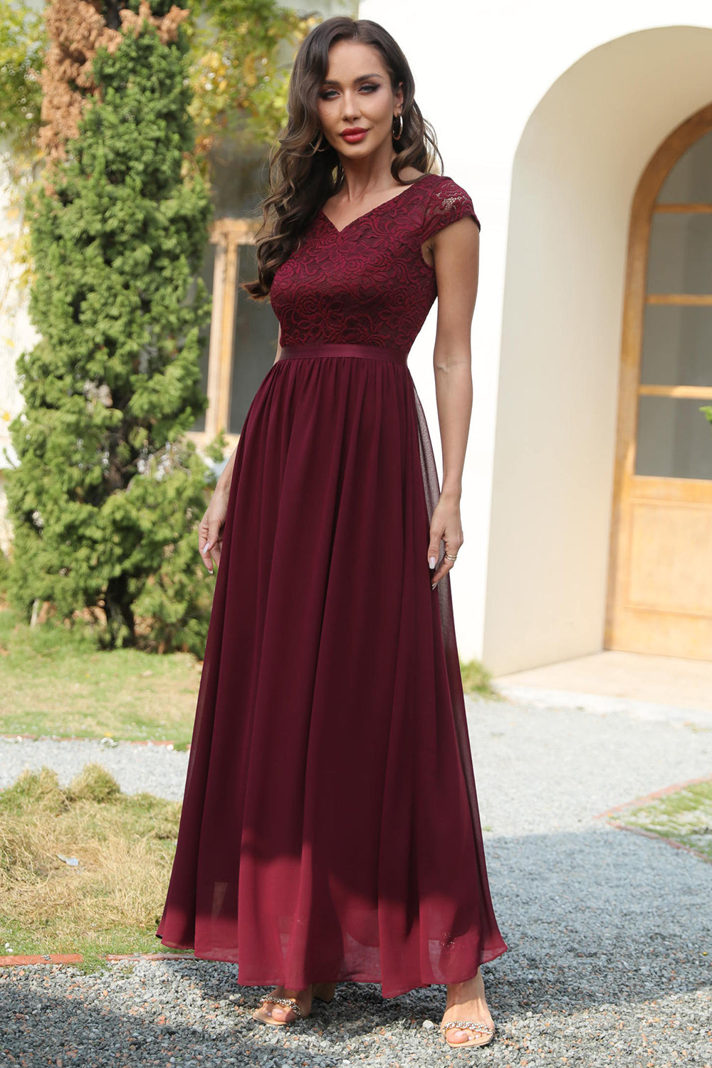 A Line V Neck Burgundy Long Bridesmaid Dress