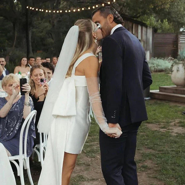 Aimishang Elegant Square Neck Satin Short Wedding Dress with Bow Back Simple Party Dress No With Gloves