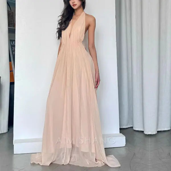 Aimishang Elegant Open Back V Neck Flowy Halter Long Prom Dress Sexy Evening Party Dress Fashion Women's Dresses