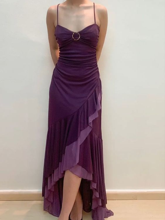 Dark Purple Spaghetti Straps Ruffled Split Prom Dress Long