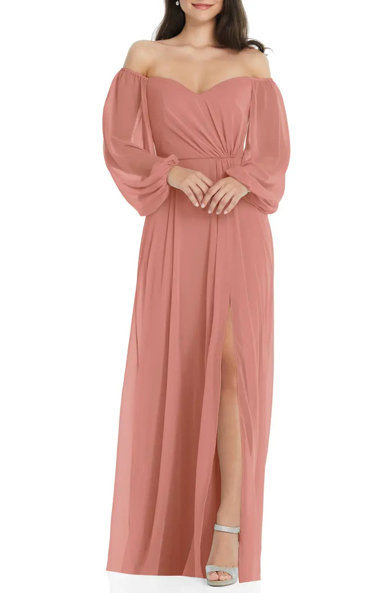 Elegant and minimalist long sleeved strapless off shoulder chiffon and floor length off back evening dress