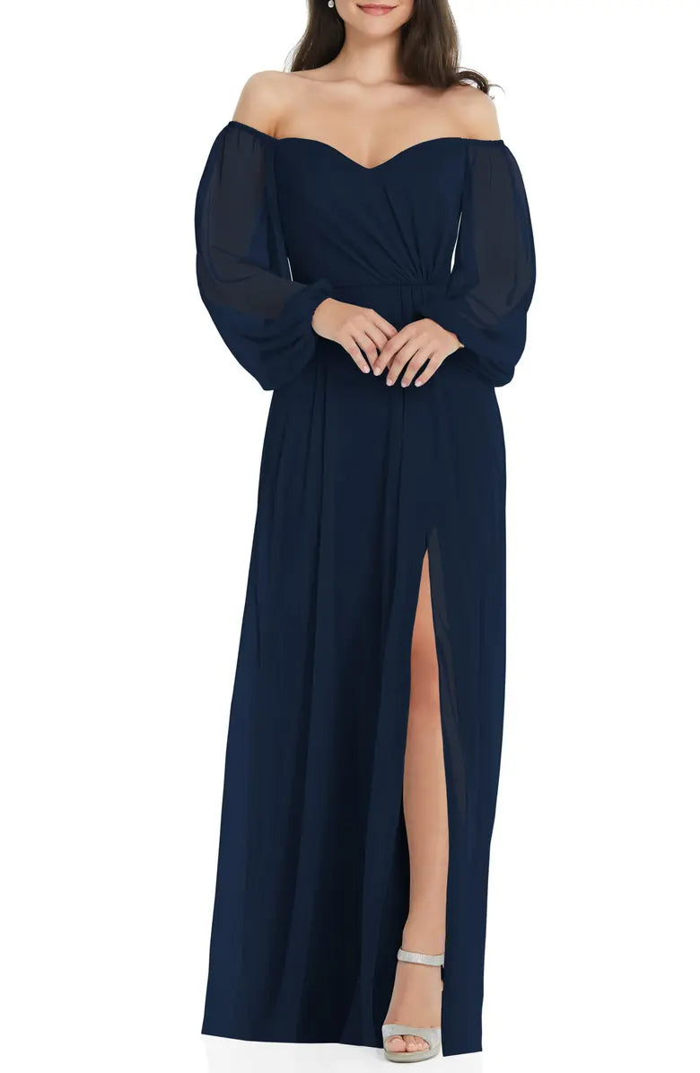 Elegant and minimalist long sleeved strapless off shoulder chiffon and floor length off back evening dress