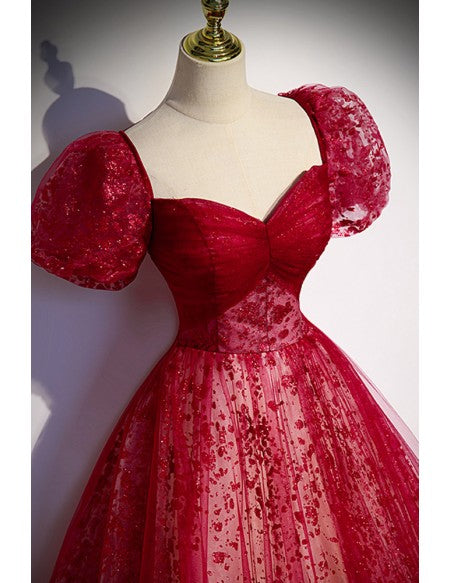 Unique and beautiful wine red sequin square neckline short sleeved ball dress wine red A-shaped/princess fluffy backless tie bow and floor length evening dress