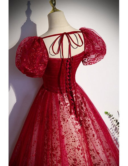 Unique and beautiful wine red sequin square neckline short sleeved ball dress wine red A-shaped/princess fluffy backless tie bow and floor length evening dress