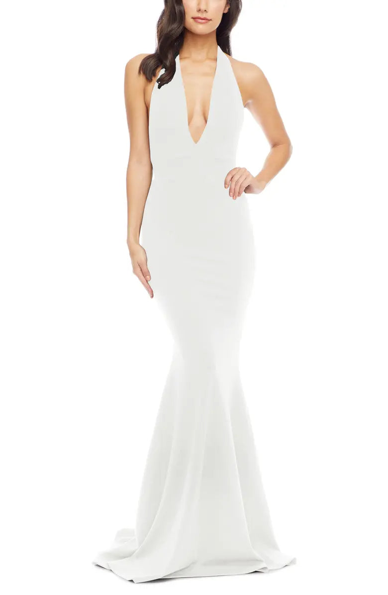 Noble V-neck off shoulder mermaid hem off back and floor length evening dress