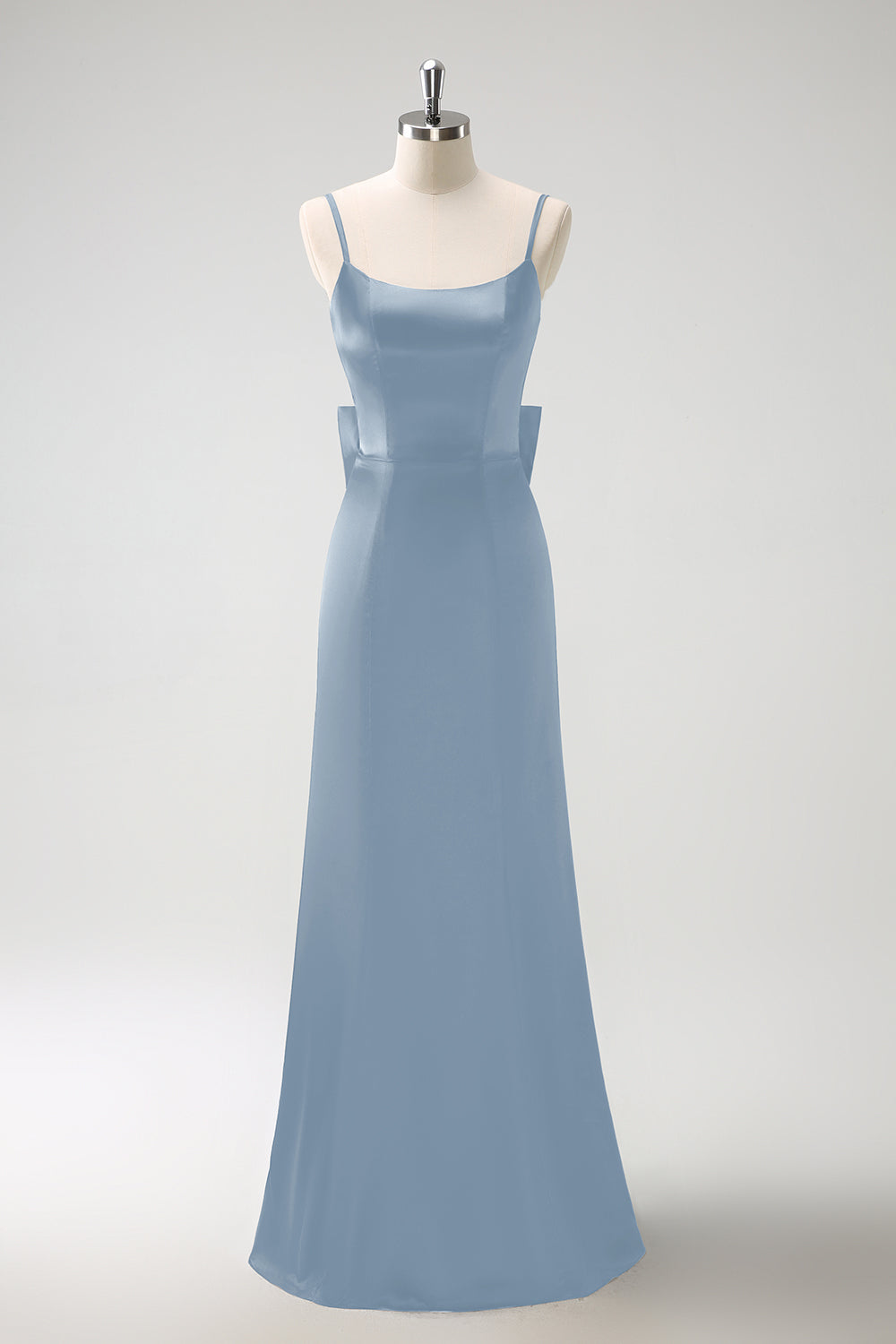 Black Mermaid Spaghetti Straps Ruffed Bow Back Satin Long Bridesmaid Dress