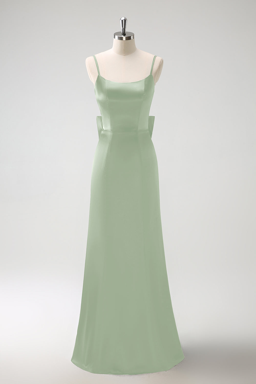 Black Mermaid Spaghetti Straps Ruffed Bow Back Satin Long Bridesmaid Dress