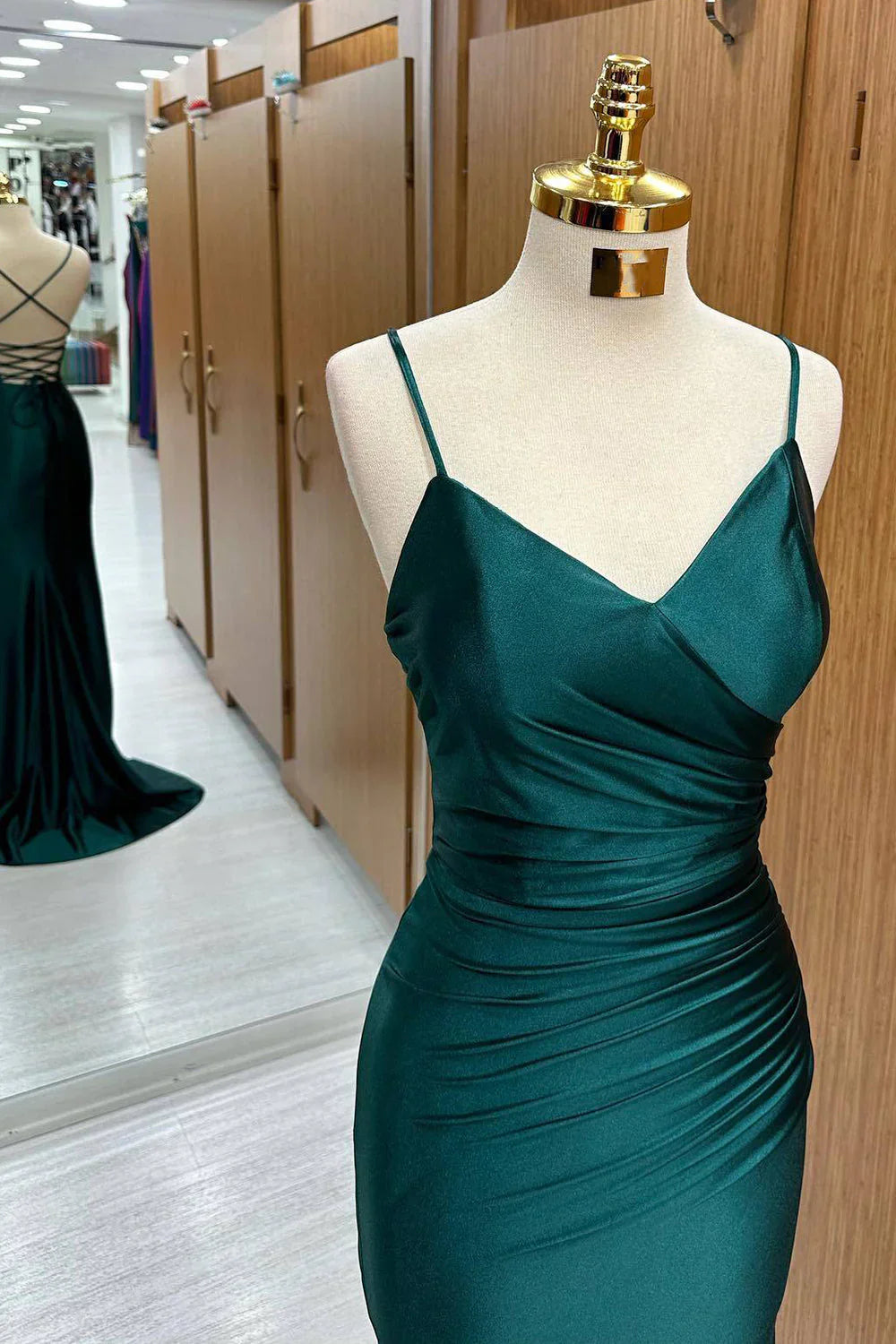 Elegant Dark Green Mermaid Spaghetti Strap Satin Long Prom Dress ED01542