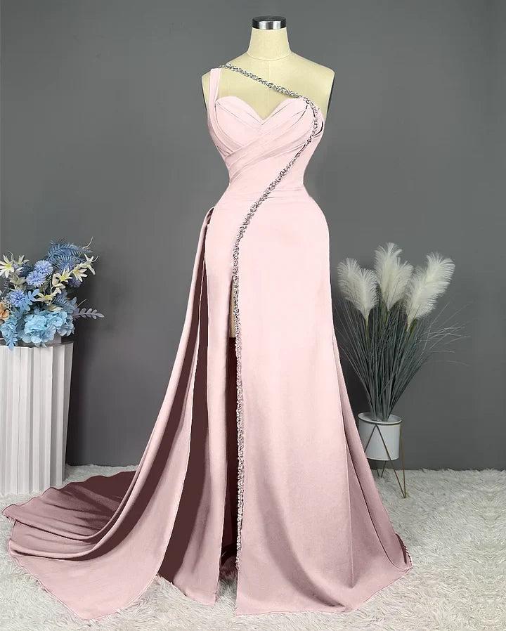 Elegant Pink Long One Shoulder Sleeveless Prom Dress Long Slit Online ED01692