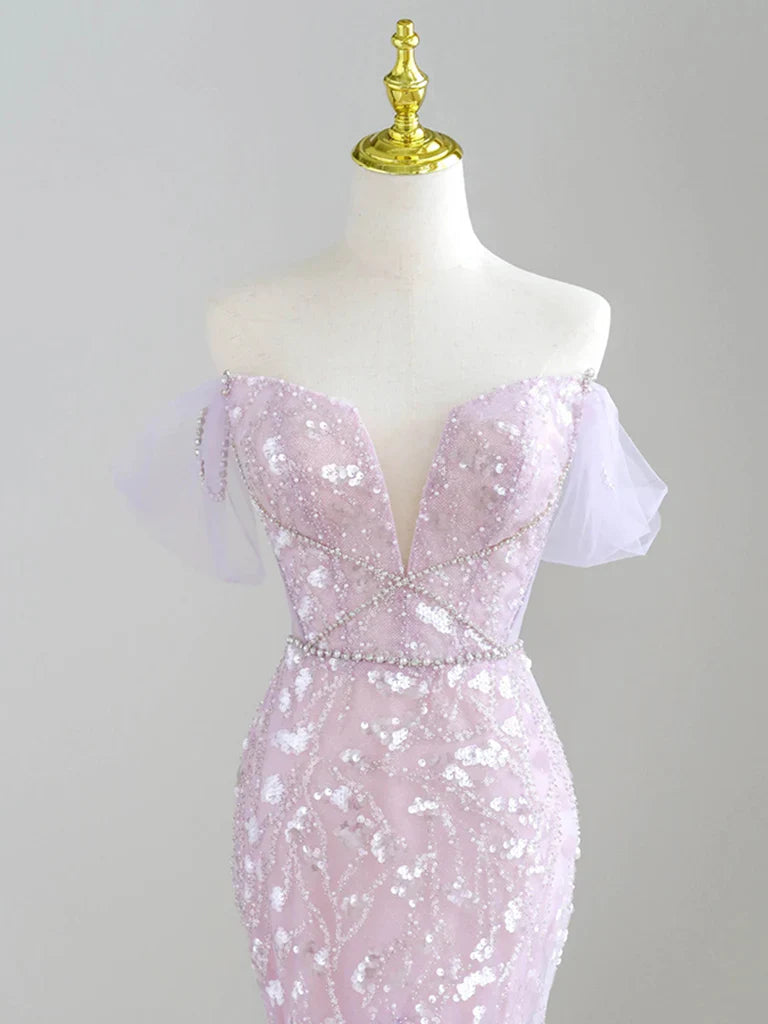 Mermaid V neck Tulle Sequin Purple Long Prom Dress Formal Dress ED01744