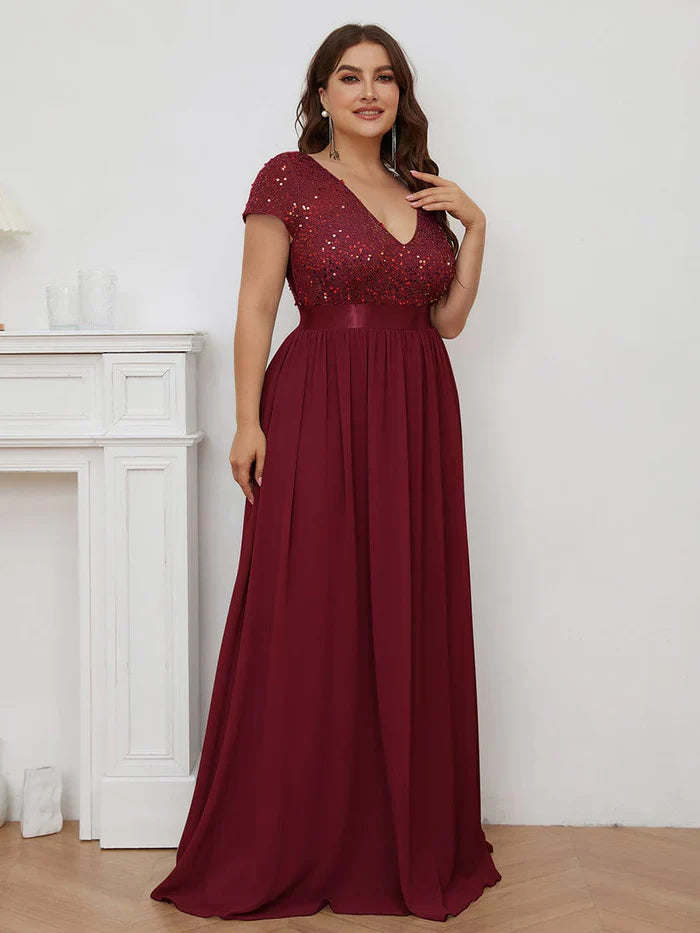 Aimishang Plus Size V-Neck Cap Sleeve Sequins Chiffon Maxi Evening Dress