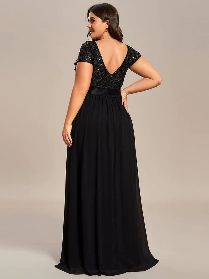 Aimishang Plus Size V-Neck Cap Sleeve Sequins Chiffon Maxi Evening Dress