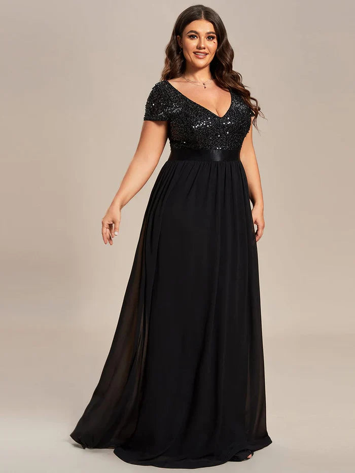 Aimishang Plus Size V-Neck Cap Sleeve Sequins Chiffon Maxi Evening Dress