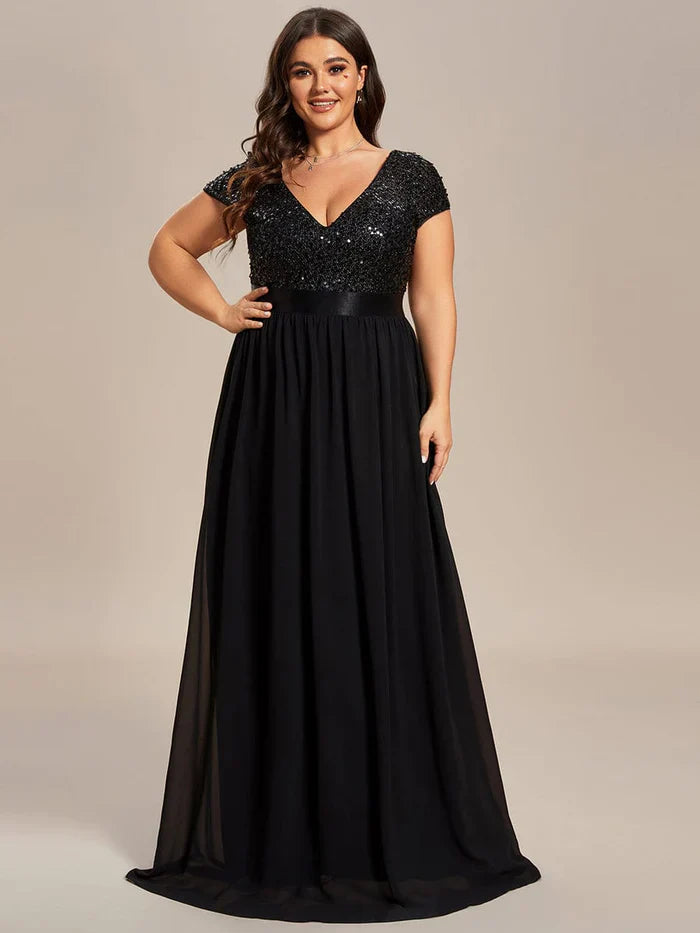 Aimishang Plus Size V-Neck Cap Sleeve Sequins Chiffon Maxi Evening Dress