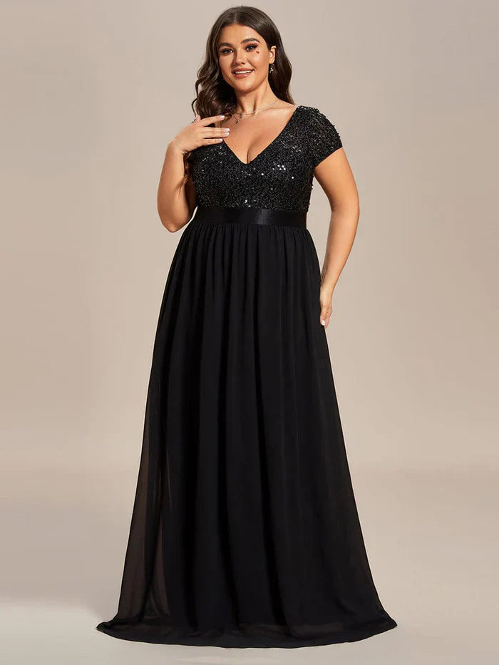 Aimishang Plus Size V-Neck Cap Sleeve Sequins Chiffon Maxi Evening Dress