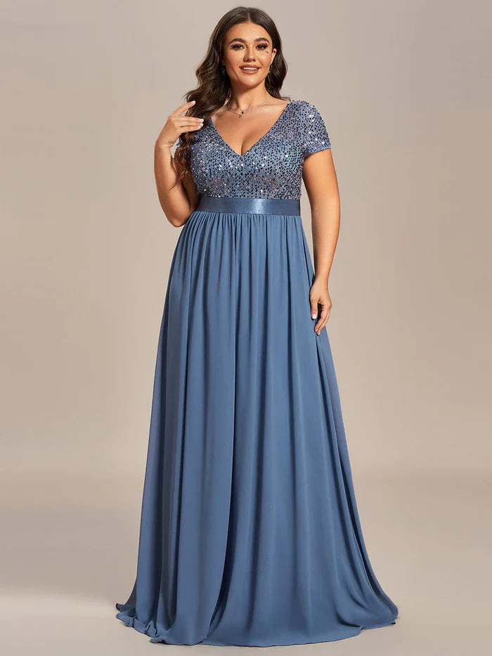 Aimishang Plus Size V-Neck Cap Sleeve Sequins Chiffon Maxi Evening Dress