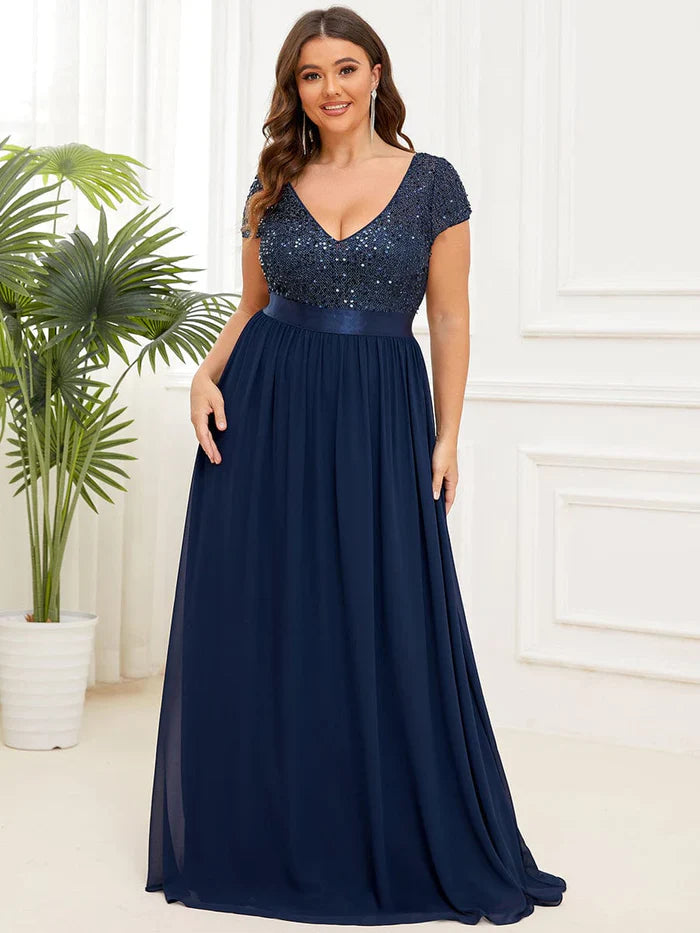 Aimishang Plus Size V-Neck Cap Sleeve Sequins Chiffon Maxi Evening Dress