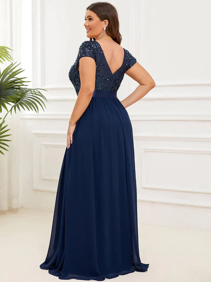 Aimishang Plus Size V-Neck Cap Sleeve Sequins Chiffon Maxi Evening Dress