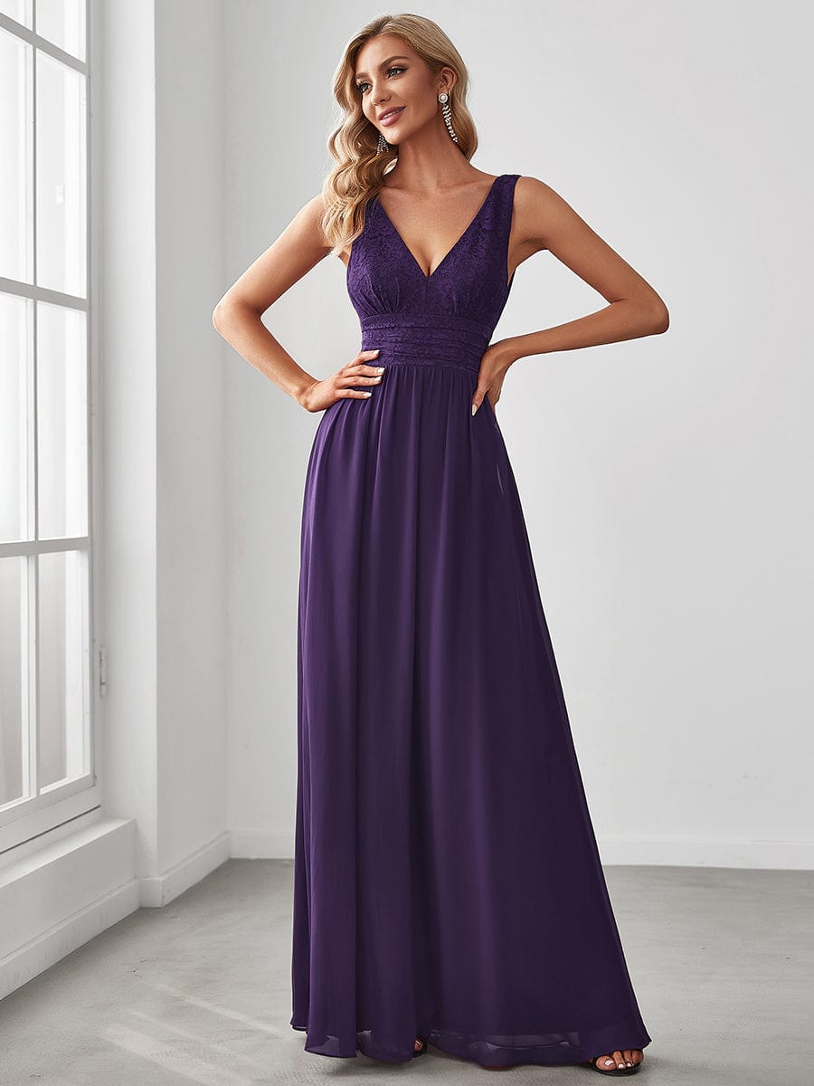 Weitese Lace Empire Waist V-Back Sleeveless Chiffon Evening Dress