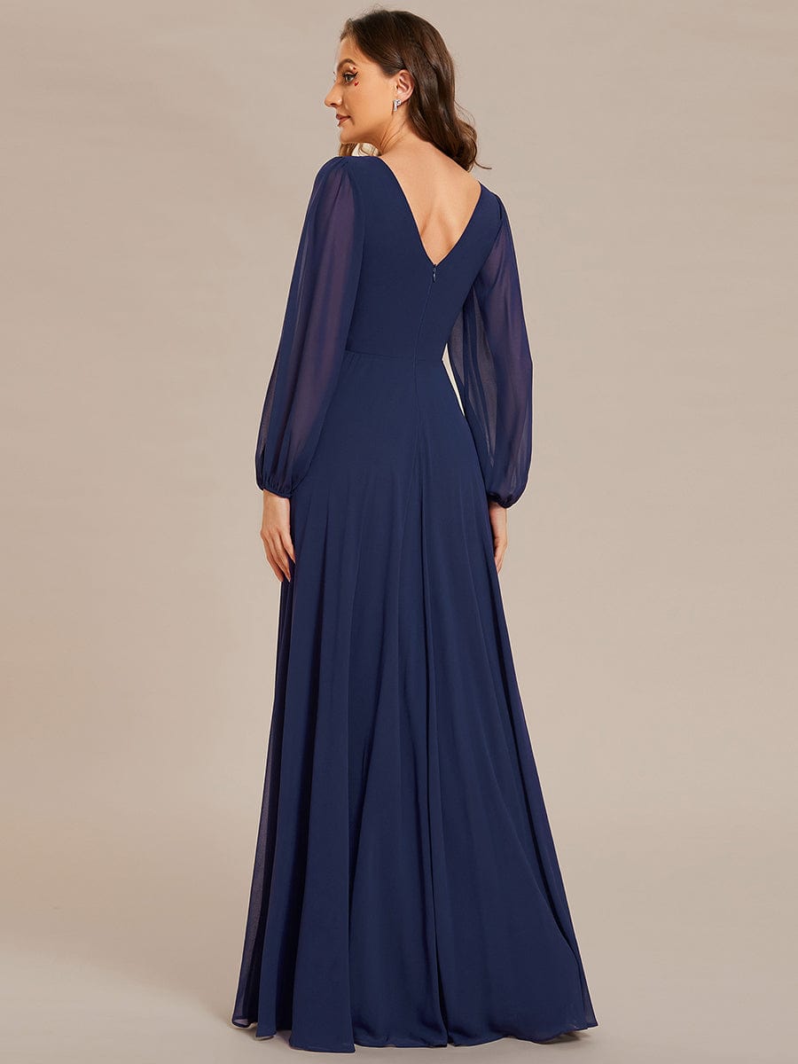 Weitese Pleated Double V-Neck Long Sleeves Shiny Belt Chiffon Evening Dress