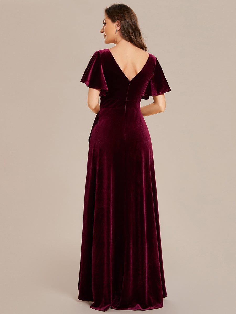 Weitese Double V-Neck Short Sleeves Stretchy Velvet Evening Dress with Lotus Leaf Hem