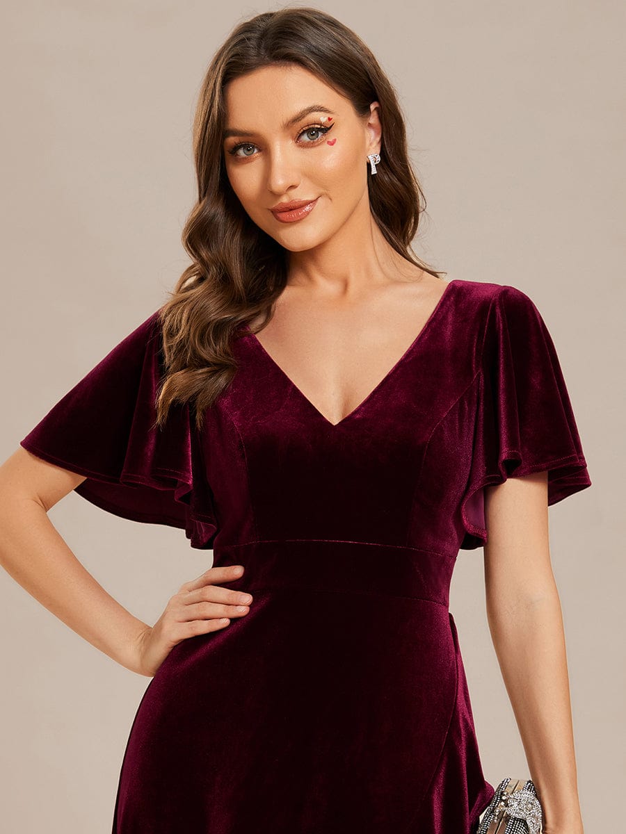 Weitese Double V-Neck Short Sleeves Stretchy Velvet Evening Dress with Lotus Leaf Hem