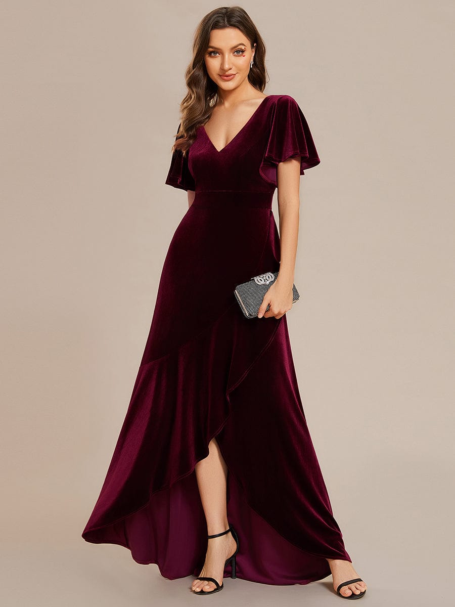 Weitese Double V-Neck Short Sleeves Stretchy Velvet Evening Dress with Lotus Leaf Hem