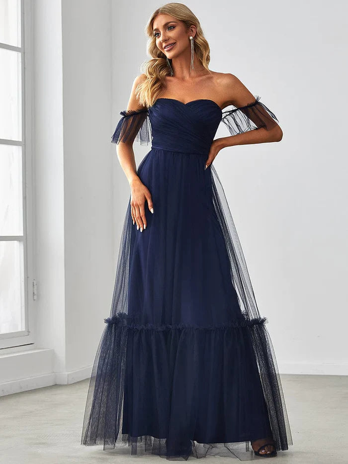 Wholesale Off the Shoulder Sweetheart Pleated Tulle Evening Dress