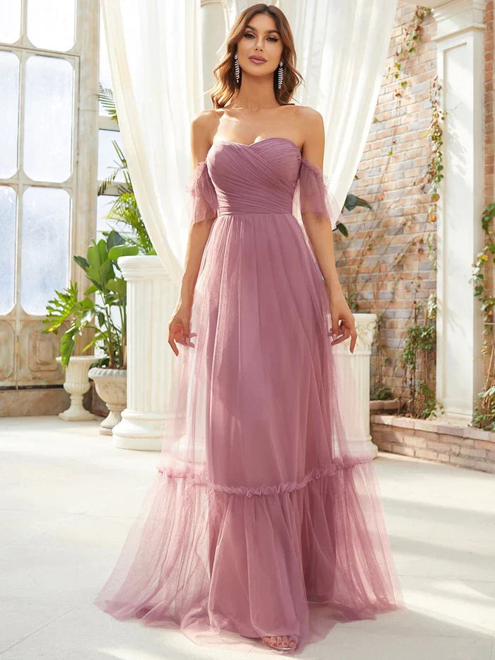 Wholesale Off the Shoulder Sweetheart Pleated Tulle Evening Dress