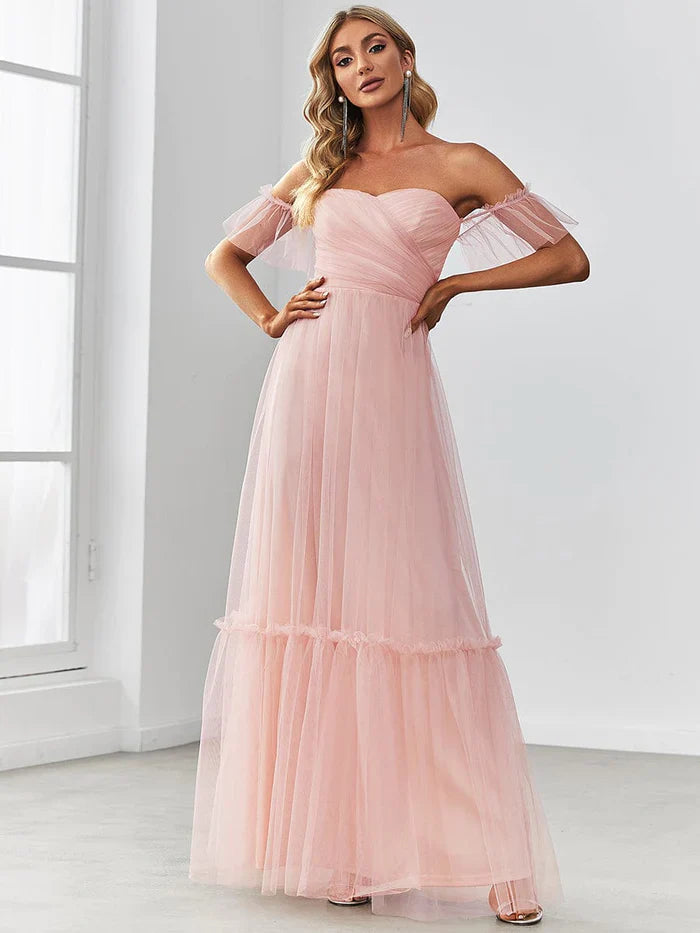 Wholesale Off the Shoulder Sweetheart Pleated Tulle Evening Dress