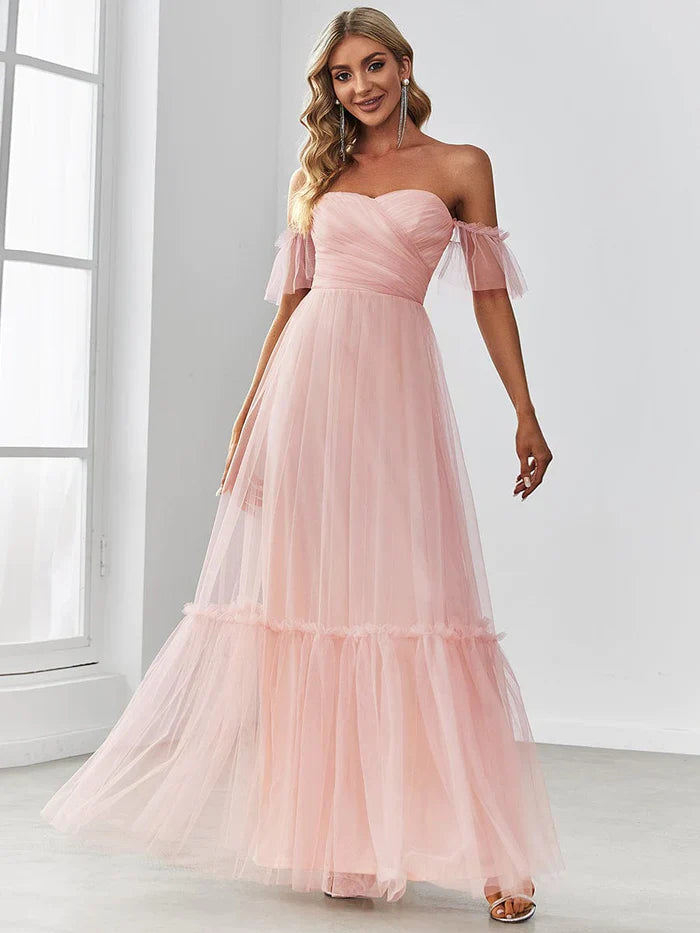 Wholesale Off the Shoulder Sweetheart Pleated Tulle Evening Dress
