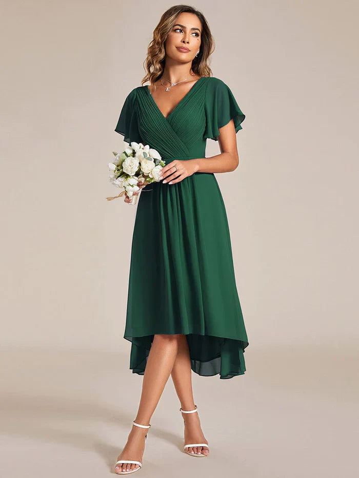 Aimishang Chic V Neck High-Low Wedding Guest Dress Elegant Bridesmaid Dresses