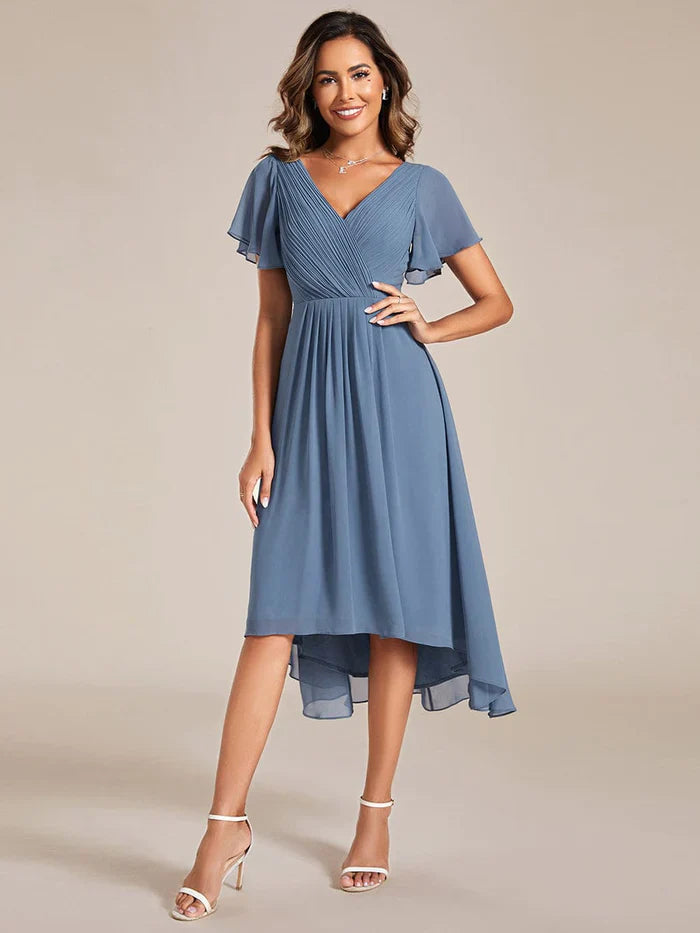 Aimishang Chic V Neck High-Low Wedding Guest Dress Elegant Bridesmaid Dresses